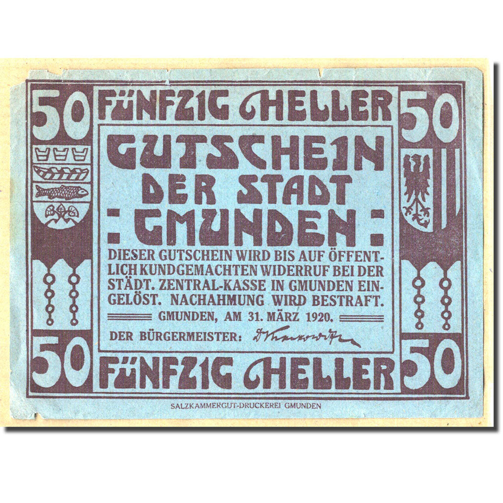 Billet, Autriche, Gmunden, 50 Heller, Batiment, 1920, 1920-03-31, SUP