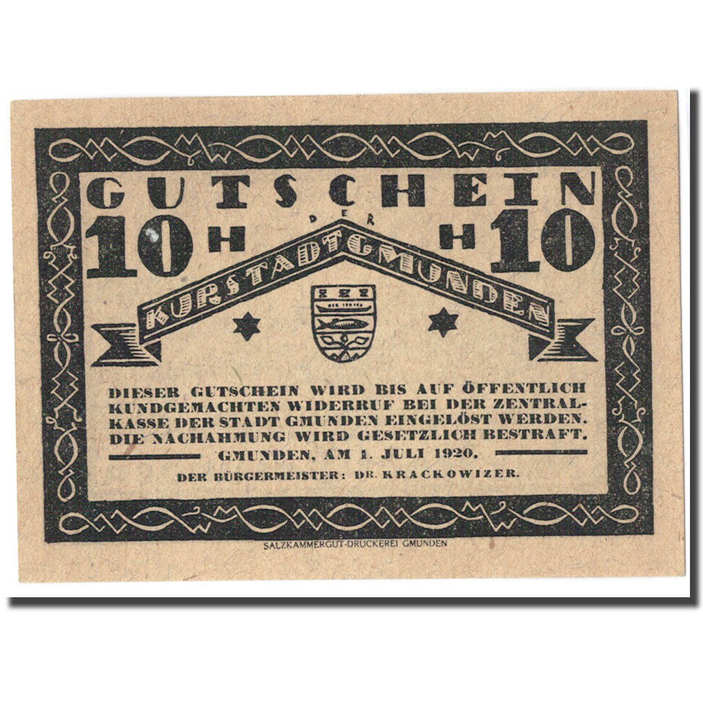 Billet, Autriche, Gmunden, 10 Heller, paysage, 1920, 1920-07-01, SPL