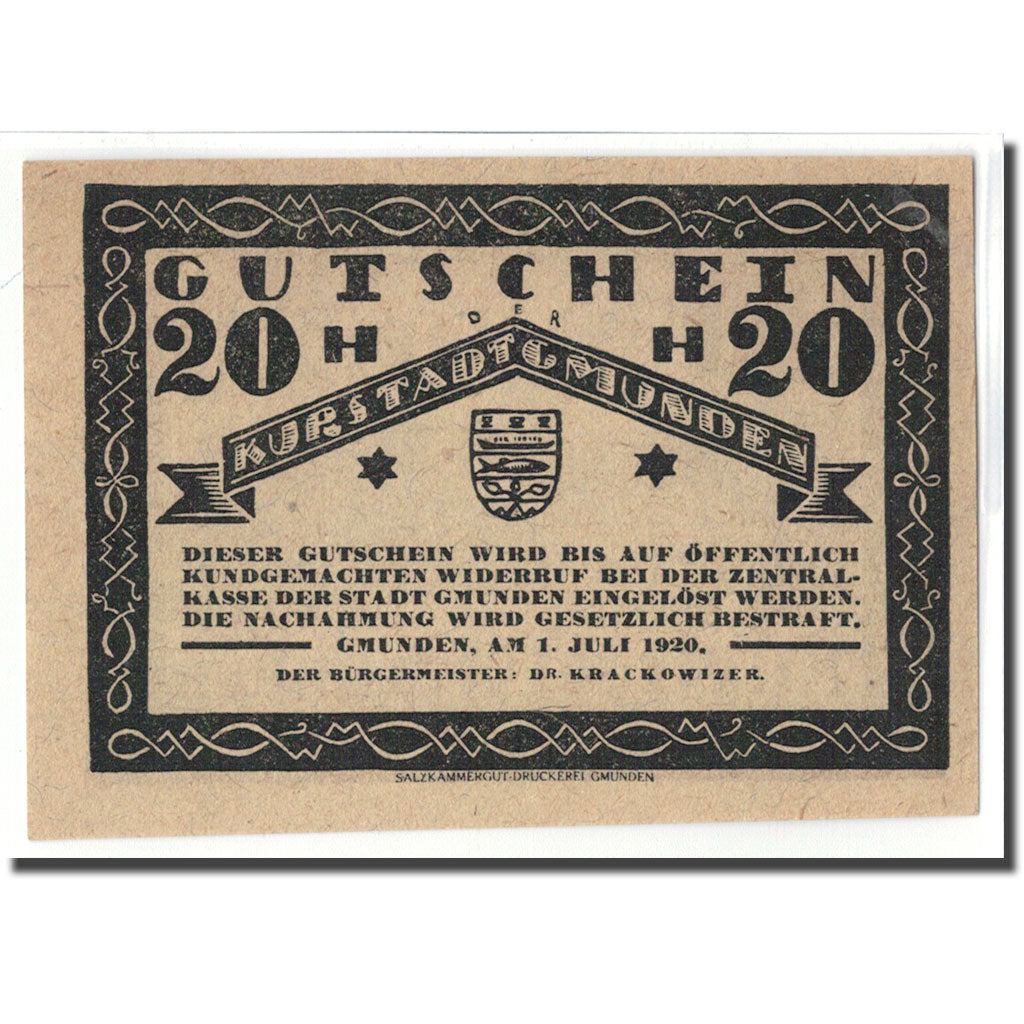 Billet, Autriche, Gmunden, 20 Heller, paysage 1, 1920, 1920-07-01, SPL