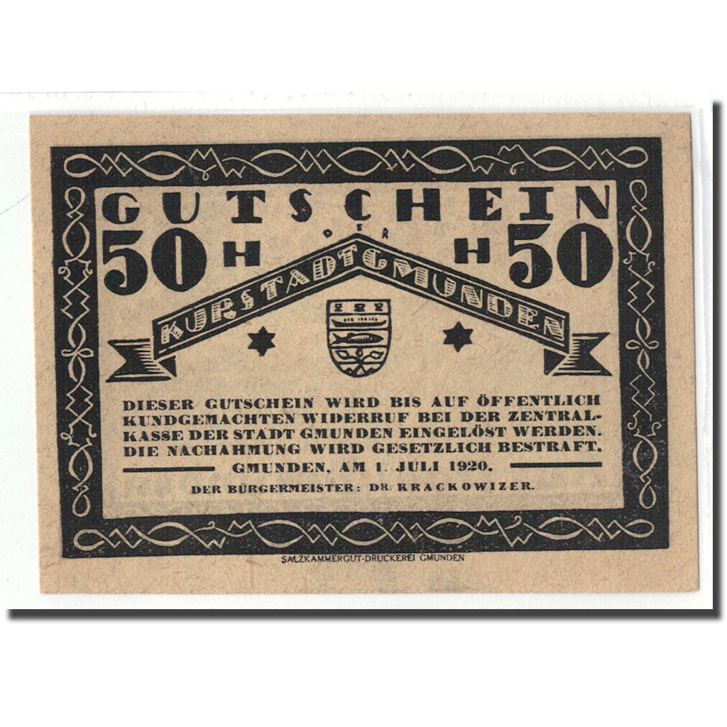 Billet, Autriche, Gmunden, 50 Heller, paysage 2, 1920, 1920-07-01, SPL