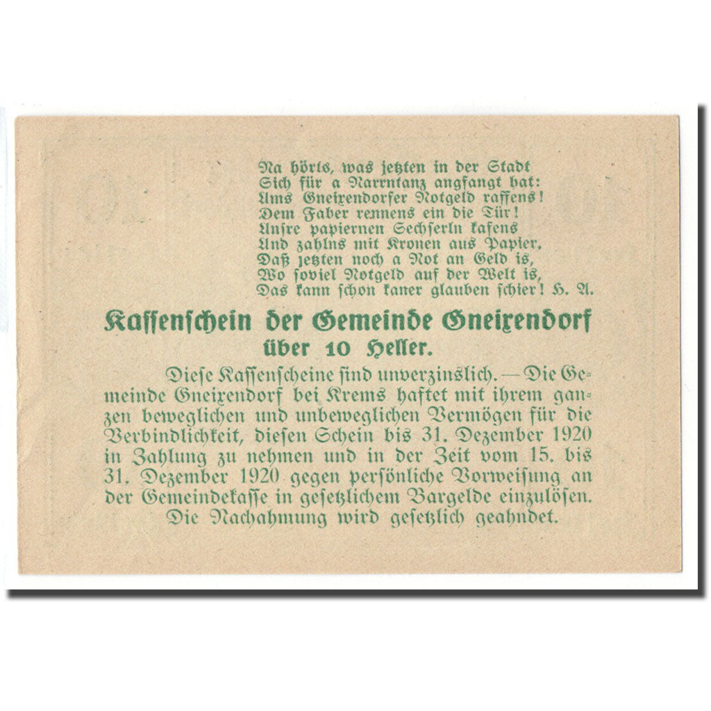 Billete, Austria, Gneixendorf, 10 Heller, Texte, 1920, SC, Mehl:241Ia3