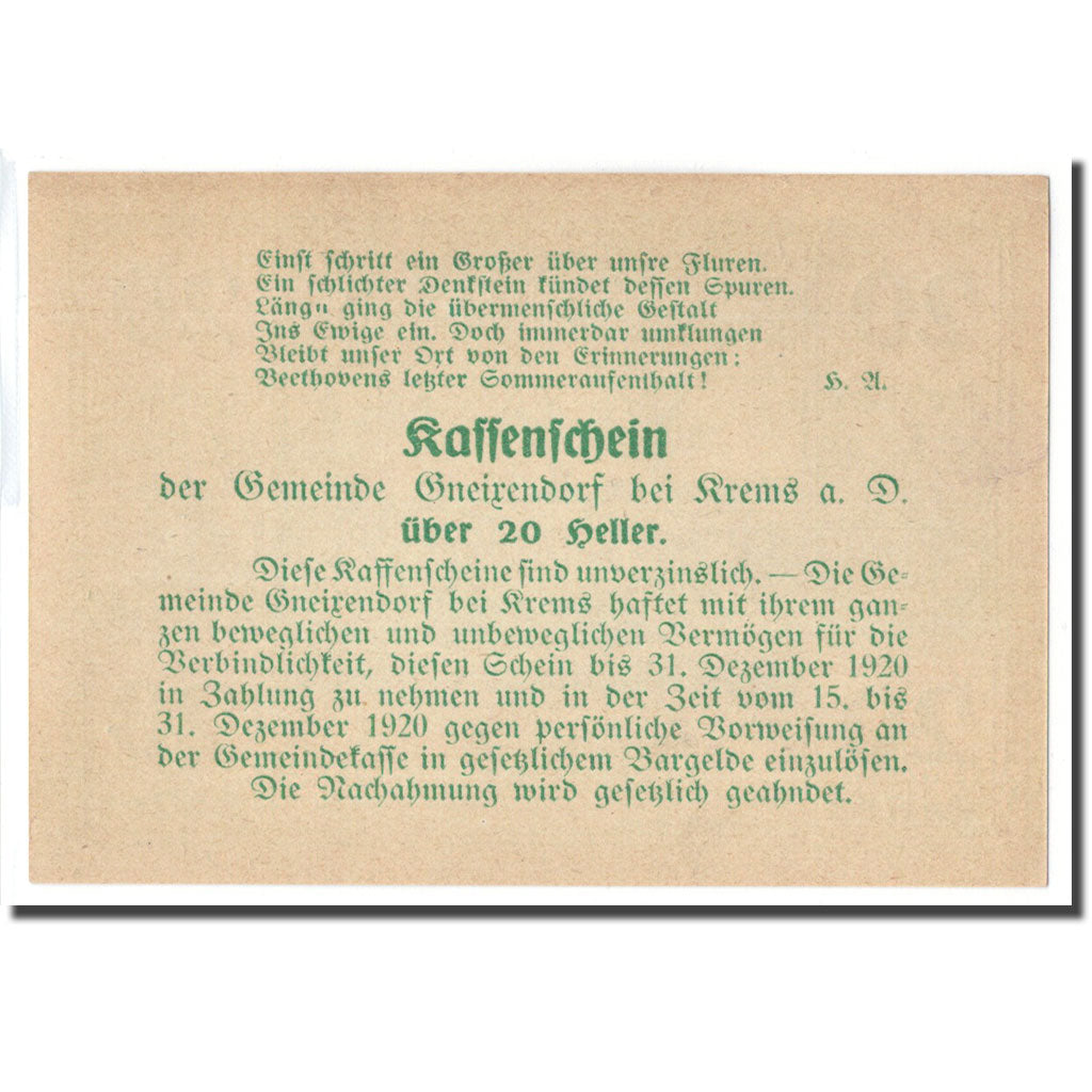 Banknote, Austria, Gneixendorf, 20 Heller, texte 1, 1920, UNC(63), Mehl:241Ia3