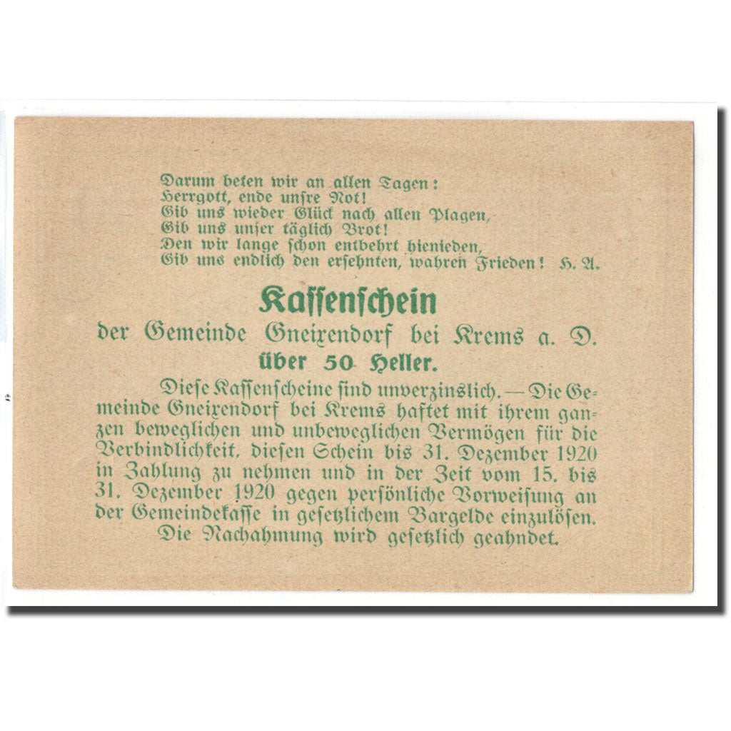Geldschein, Österreich, Gneixendorf, 50 Heller, Texte 2, 1920, UNZ-