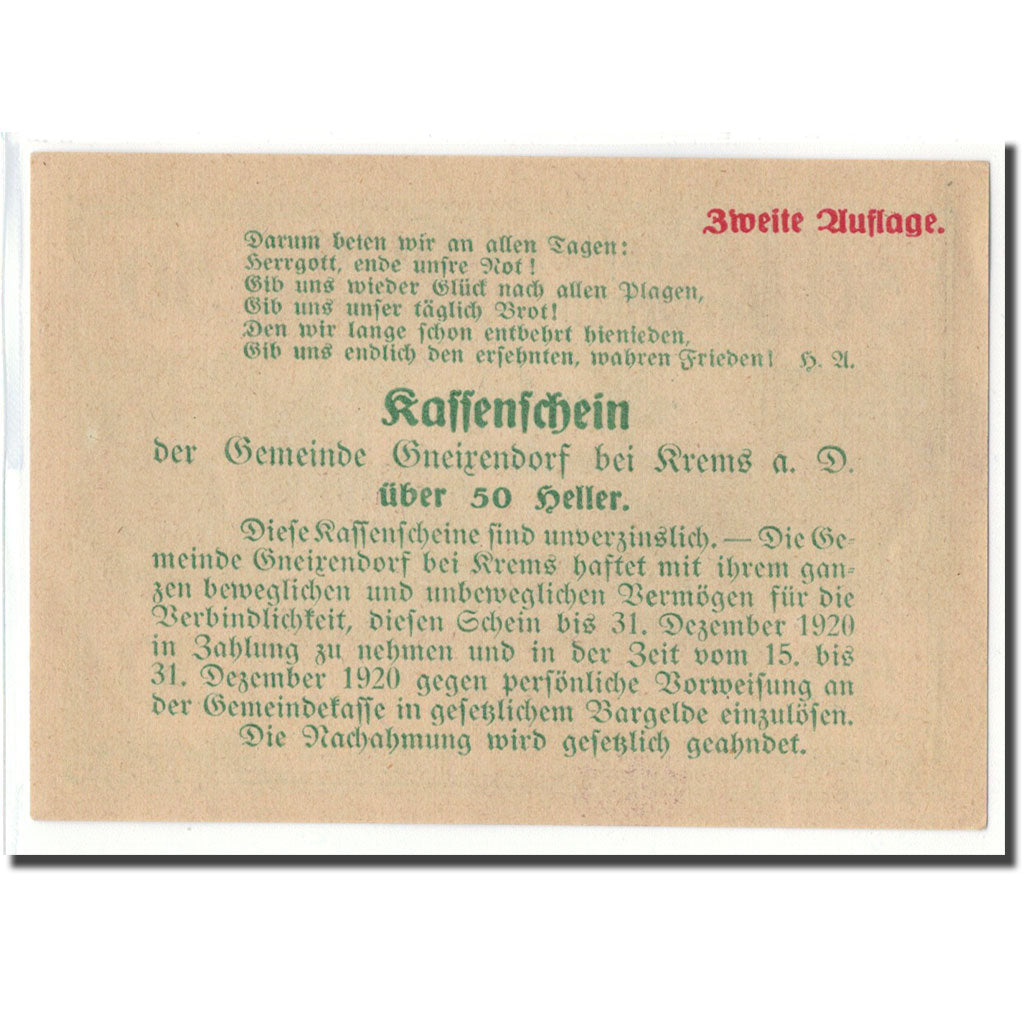 Banknote, Austria, Gneixendorf, 50 Heller, Texte 3, 1920, UNC(63), Mehl:241Ia3