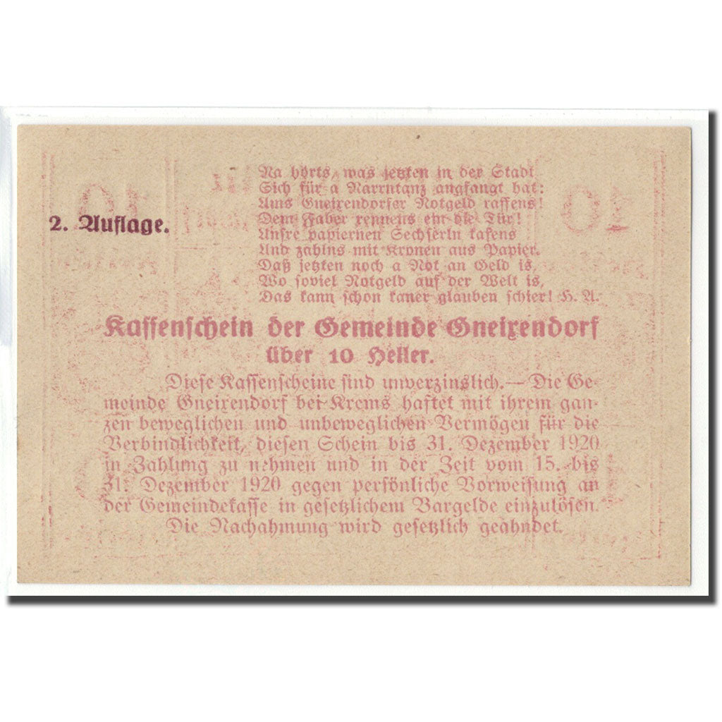 Banknote, Austria, Gneixendorf, 10 Heller, Texte 4, 1920, UNC(63), Mehl:241Ib3
