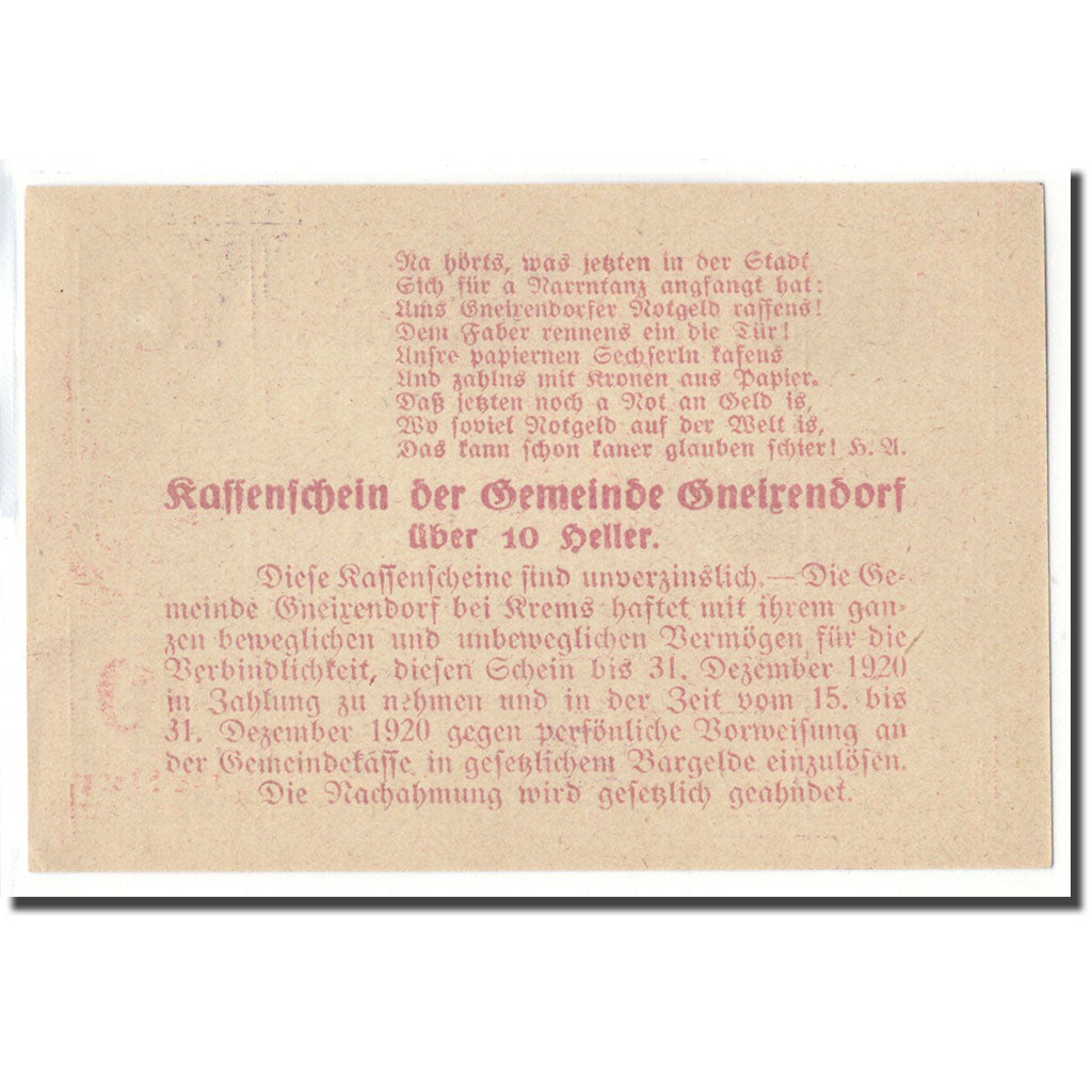 Billet, Autriche, Gneixendorf, 10 Heller, Texte  5, 1920, SPL, Mehl:241Ib3