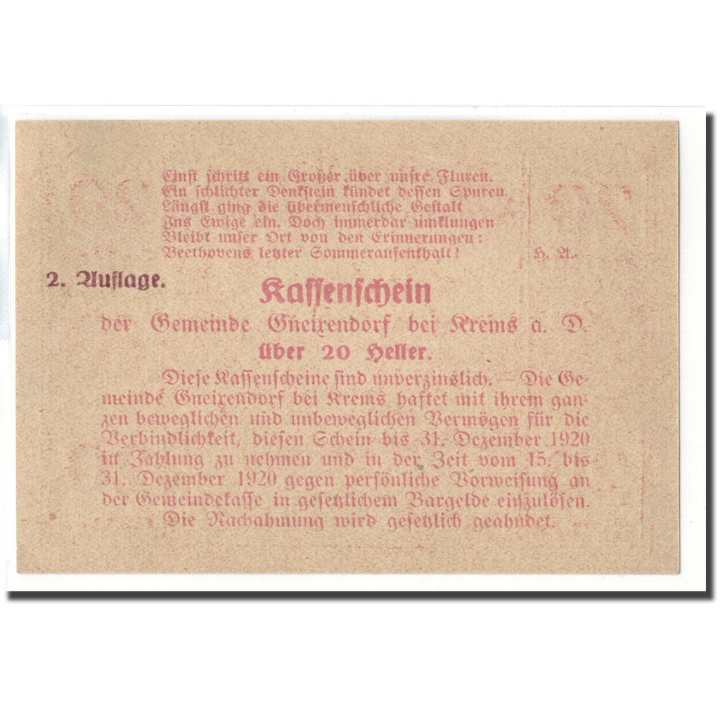 Banknote, Austria, Gneixendorf, 20 Heller, Texte 6, 1920, UNC(63), Mehl:241Ib3