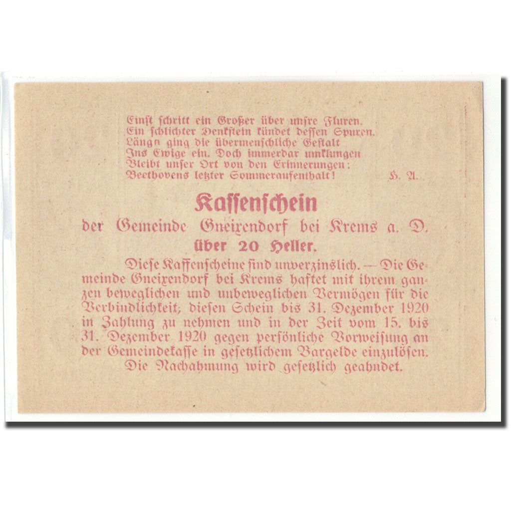 Geldschein, Österreich, Gneixendorf, 20 Heller, Texte 7, 1920, UNZ-
