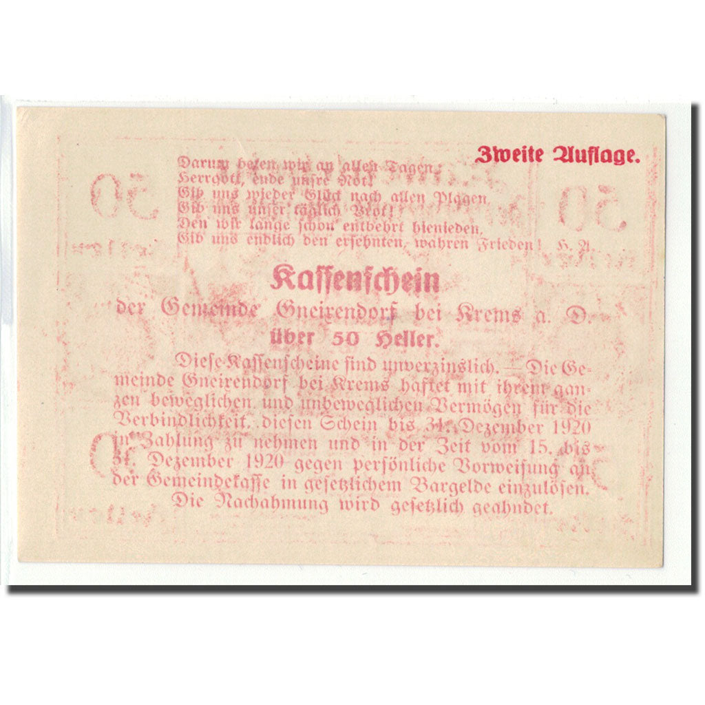 Banknot, Austria, Gneixendorf, 50 Heller, Texte 8, 1920, Undated, UNC(63)