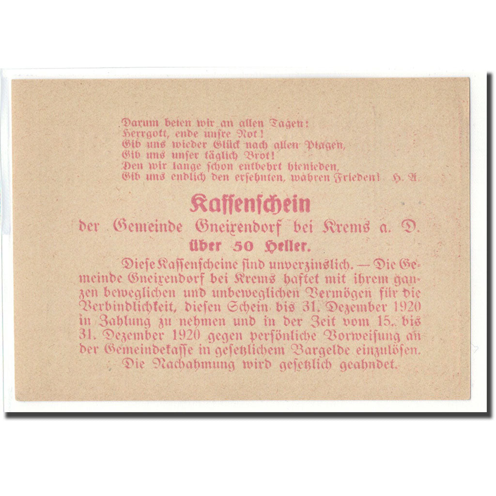 Banknot, Austria, Gneixendorf, 50 Heller, Texte 9, 1920, Undated, UNC(63)