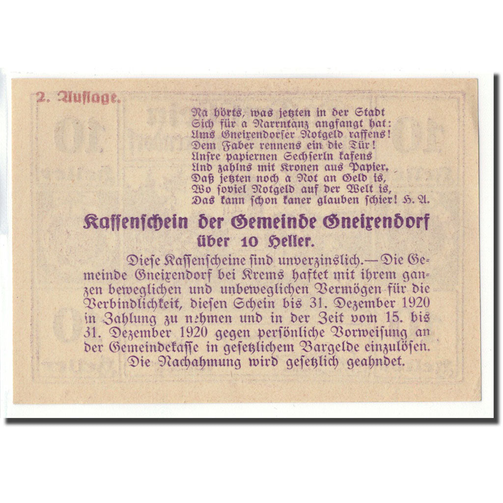 Banknot, Austria, Gneixendorf, 10 Heller, Texte, 1920, Undated, UNC(63)