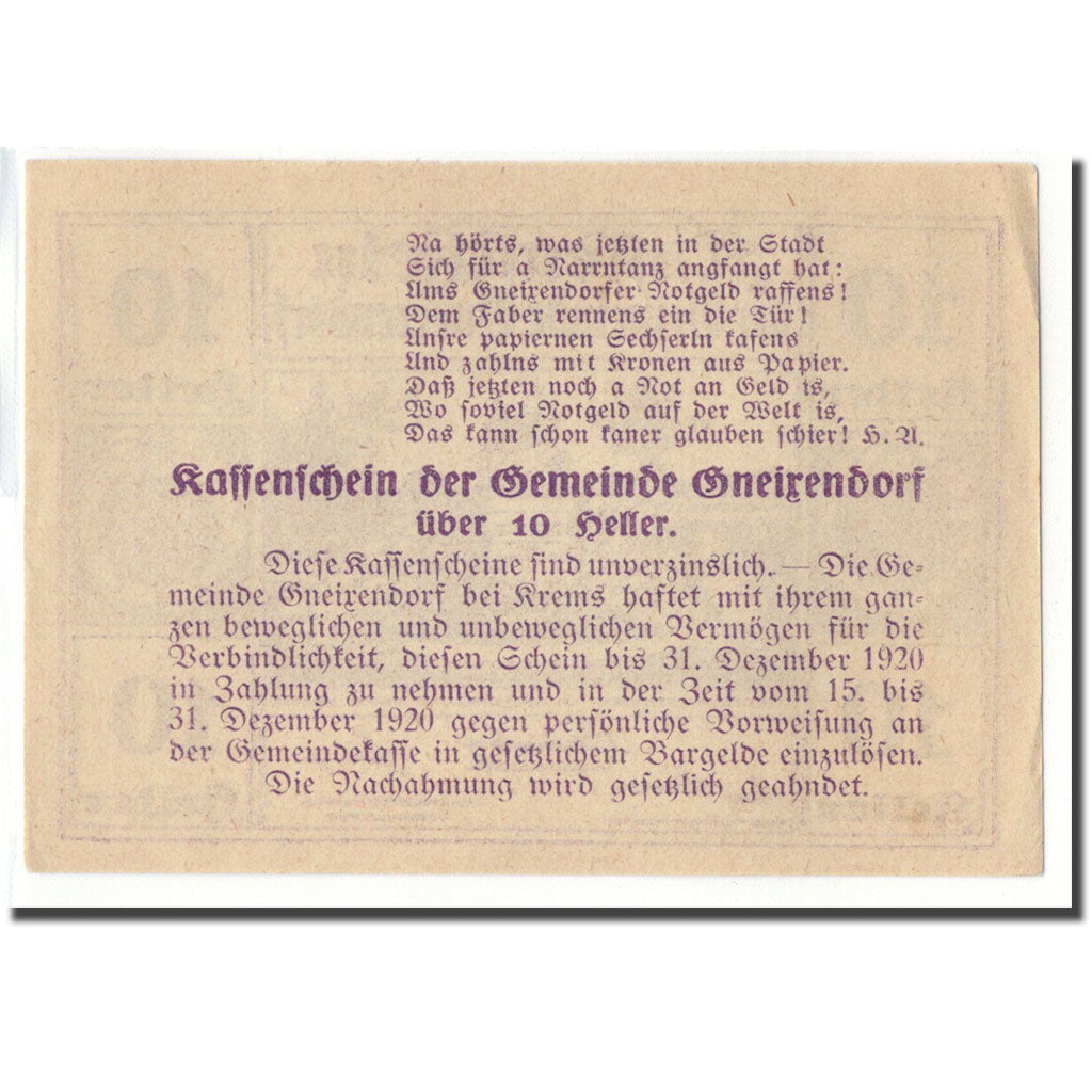 Banknot, Austria, Gneixendorf, 10 Heller, texte 1, 1920, Undated, UNC(63)
