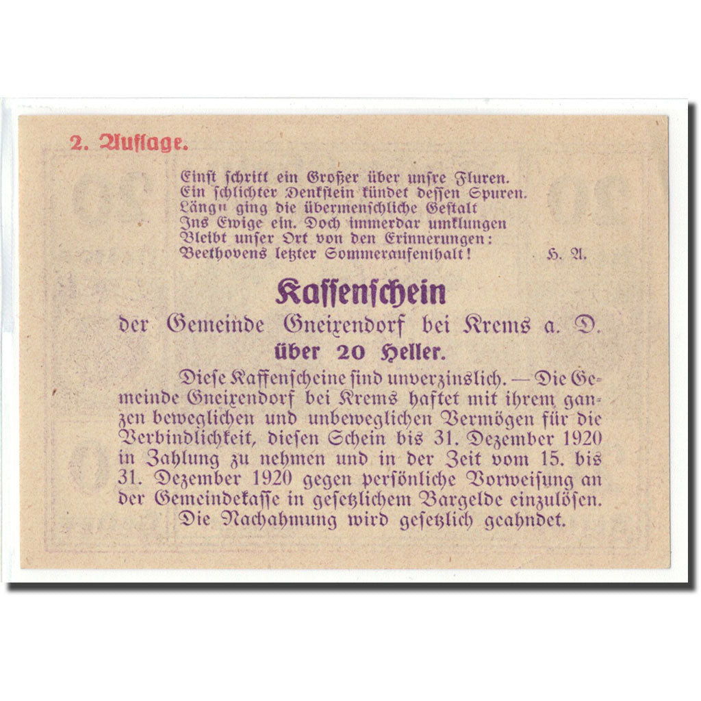 Geldschein, Österreich, Gneixendorf, 20 Heller, Texte 2, 1920, UNZ-