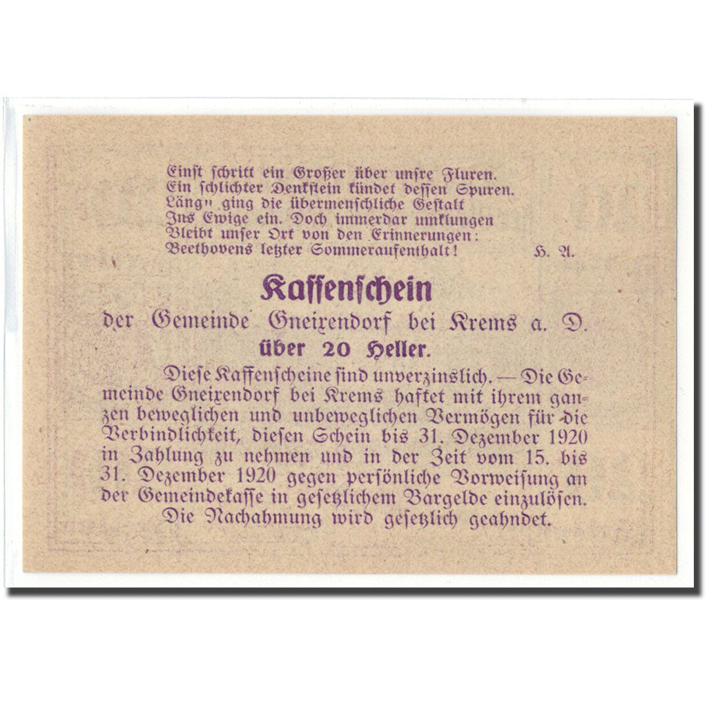 Banknot, Austria, Gneixendorf, 20 Heller, Texte 3, 1920, Undated, UNC(63)