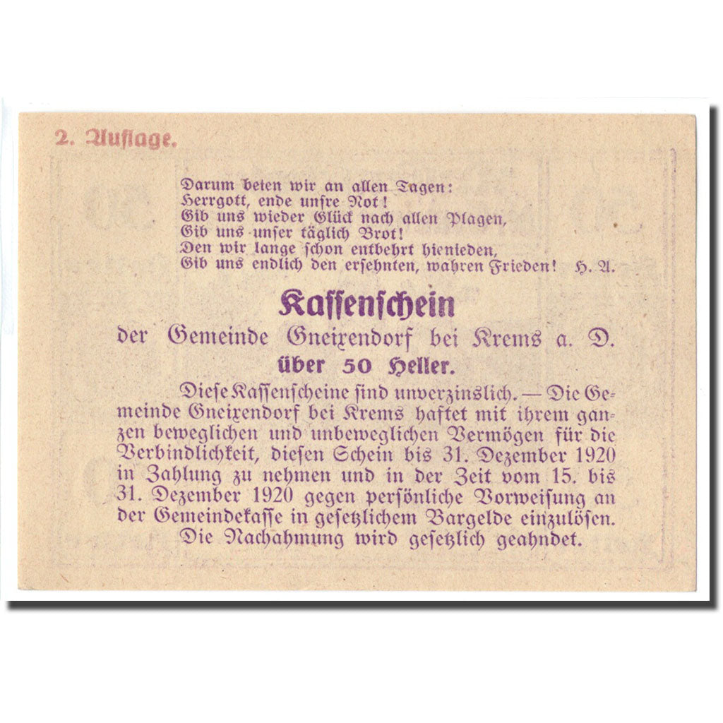 Banknote, Austria, Gneixendorf, 50 Heller, Texte 4, 1920, UNC(63), Mehl:241Ic3