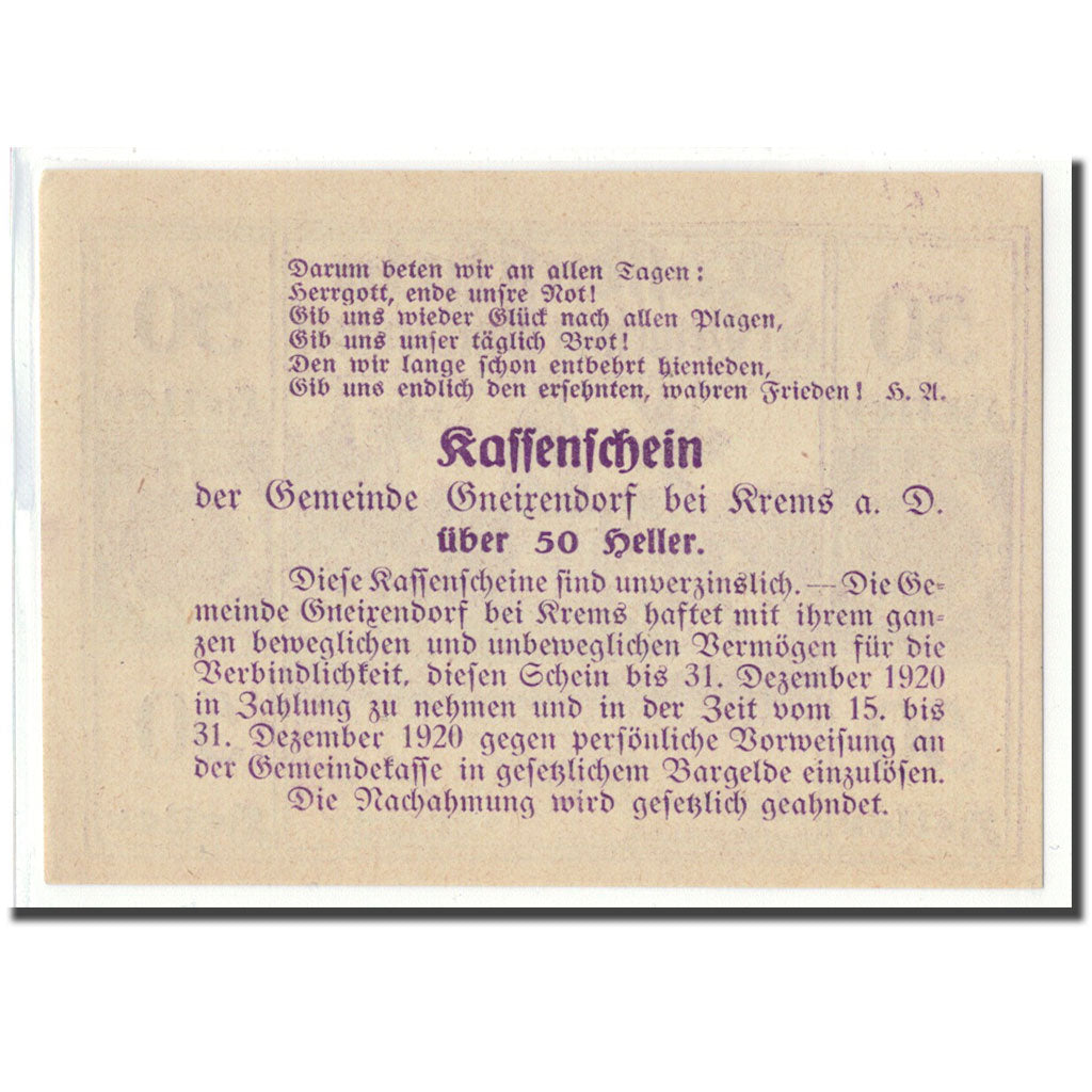Geldschein, Österreich, Gneixendorf, 50 Heller, Texte  5, 1920, UNZ-