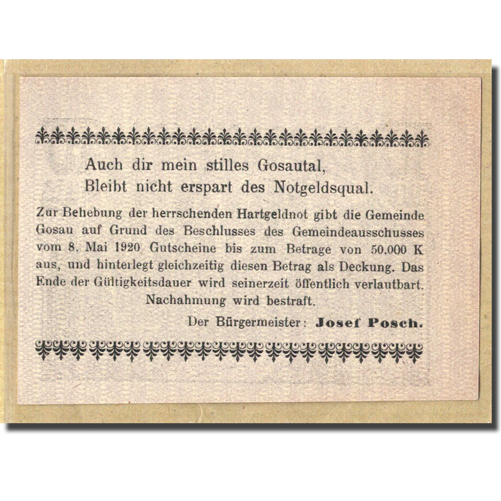 Banknote, Austria, Gosau, 10 Heller, Texte, 1920, 1920-05-08, UNC(63), Mehl:251a