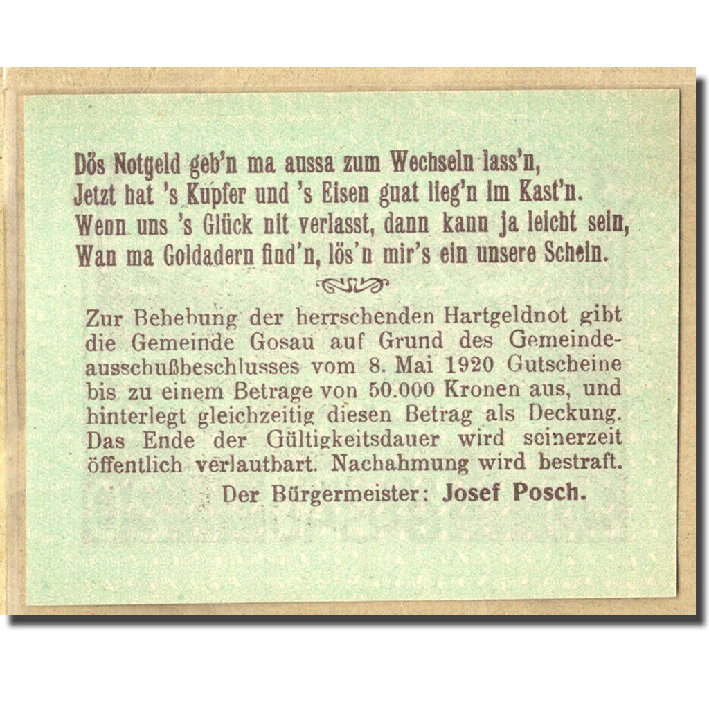 Banknot, Austria, Gosau, 20 Heller, texte 1, 1920, 1920-05-08, UNC(63)