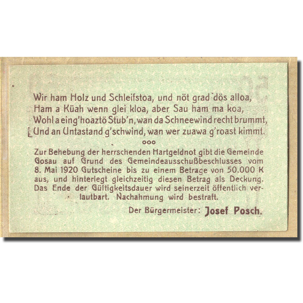 Billet, Autriche, Gosau, 50 Heller, Texte 2, 1920, 1920-05-08, SPL, Mehl:251a