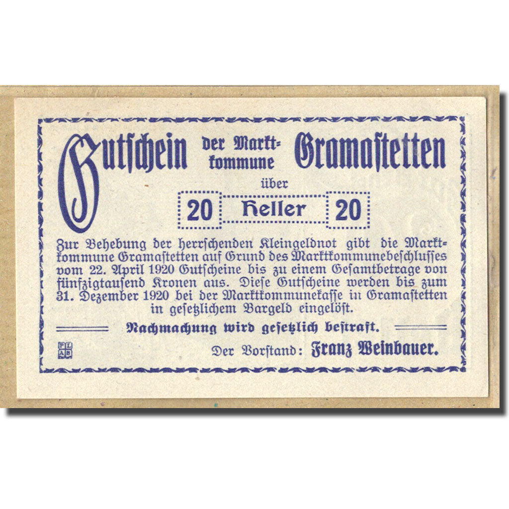 Banknote, Austria, Gramastetten, 20 Heller, personnage, 1920, 1920-05-01