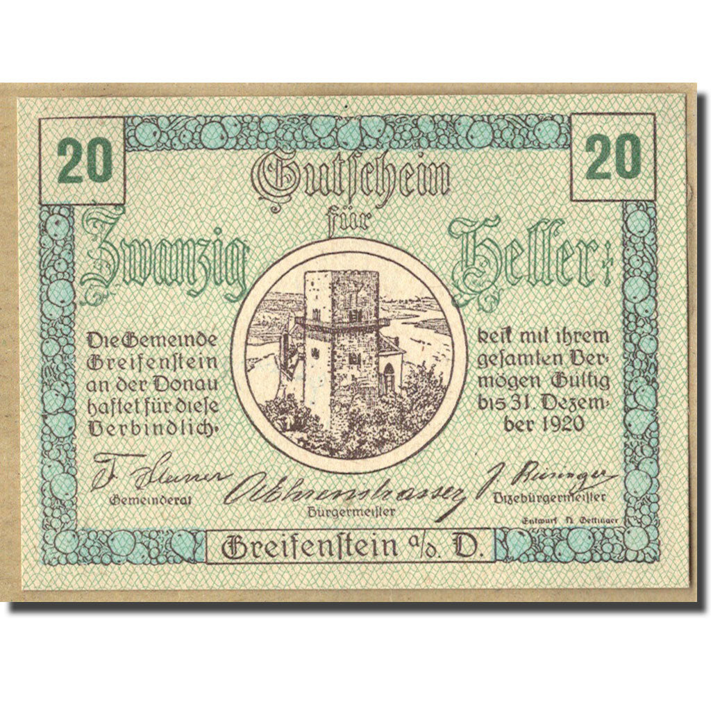 Billet, Autriche, Greifenstein N.Ö. Gemeinde, 20 Heller, Texte, 1920