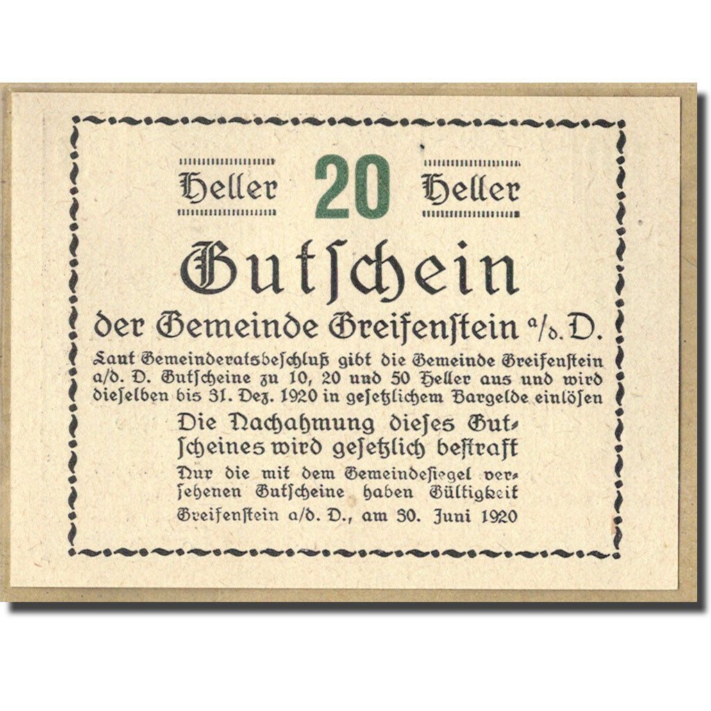Billet, Autriche, Greifenstein N.Ö. Gemeinde, 20 Heller, Texte, 1920