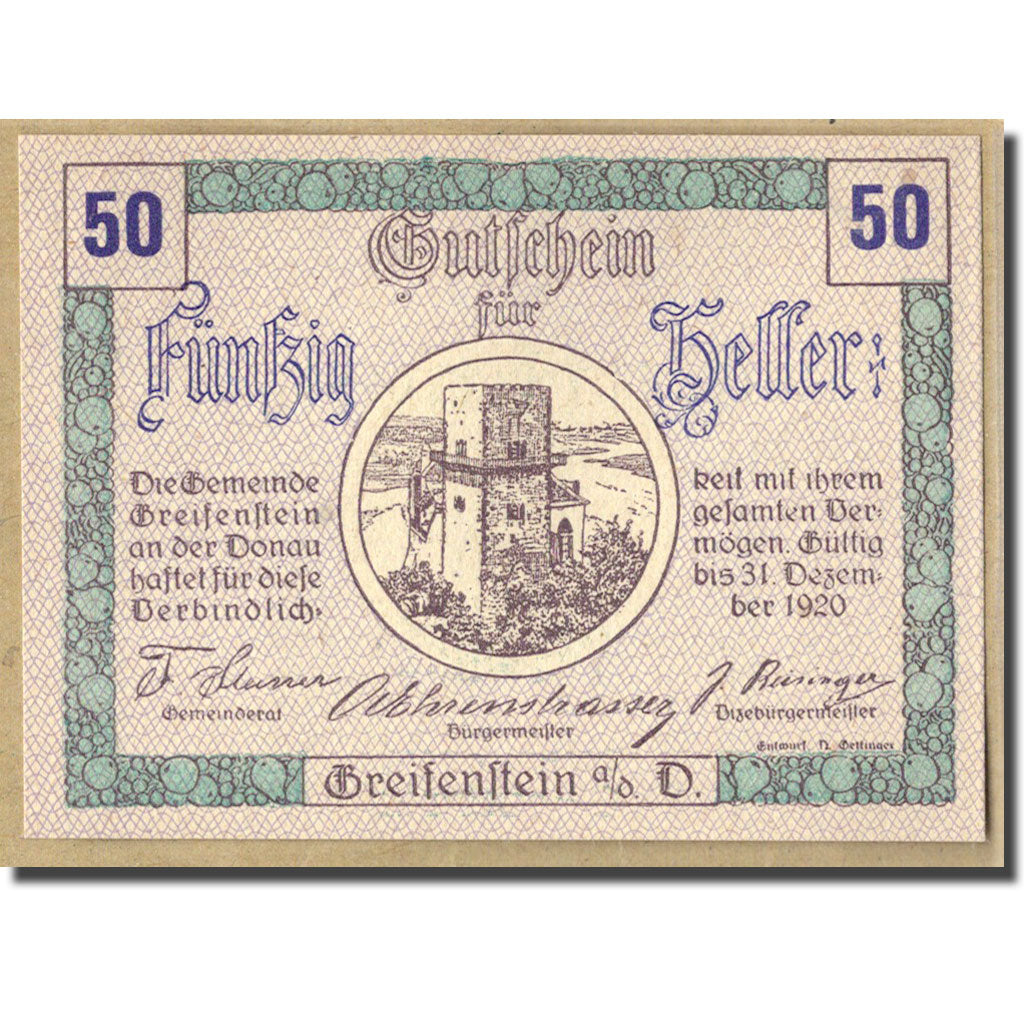 Billet, Autriche, Greifenstein N.Ö. Gemeinde, 50 Heller, texte 1, 1920