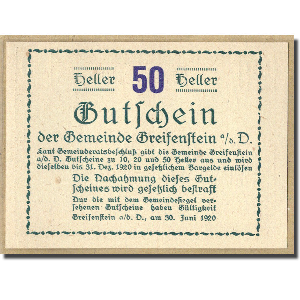 Billet, Autriche, Greifenstein N.Ö. Gemeinde, 50 Heller, texte 1, 1920