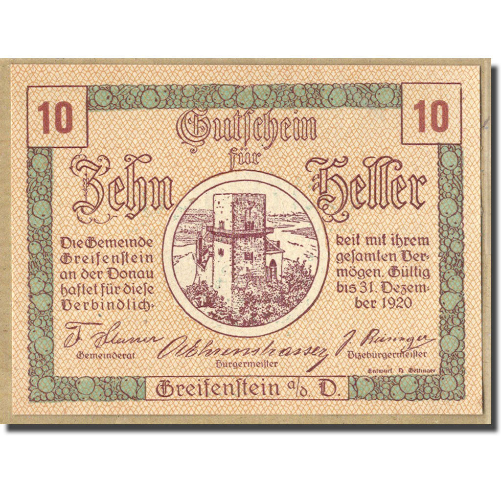 Billet, Autriche, Greifenstein N.Ö. Gemeinde, 10 Heller, Texte 2, 1920
