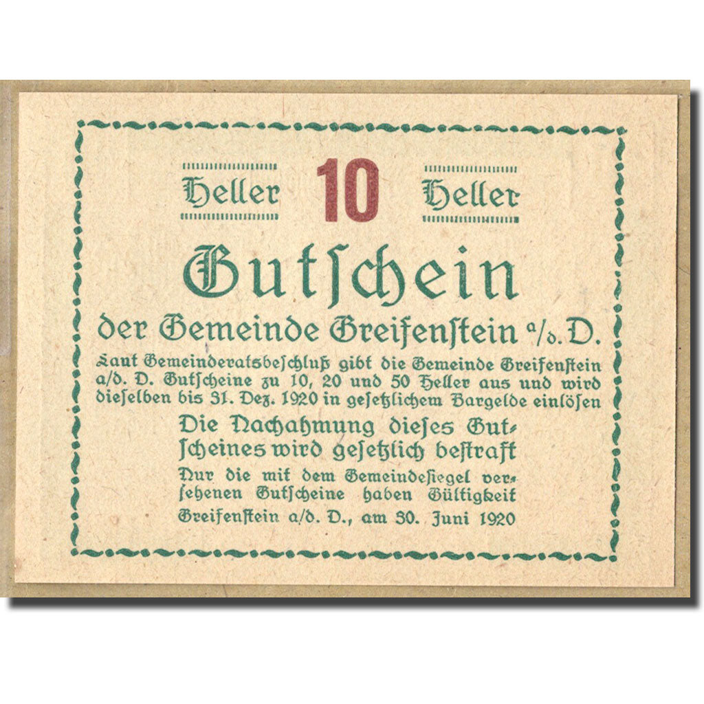 Billet, Autriche, Greifenstein N.Ö. Gemeinde, 10 Heller, Texte 2, 1920