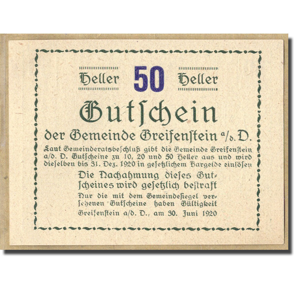 Billet, Autriche, Greifenstein N.Ö. Gemeinde, 50 Heller, Texte 3, 1920