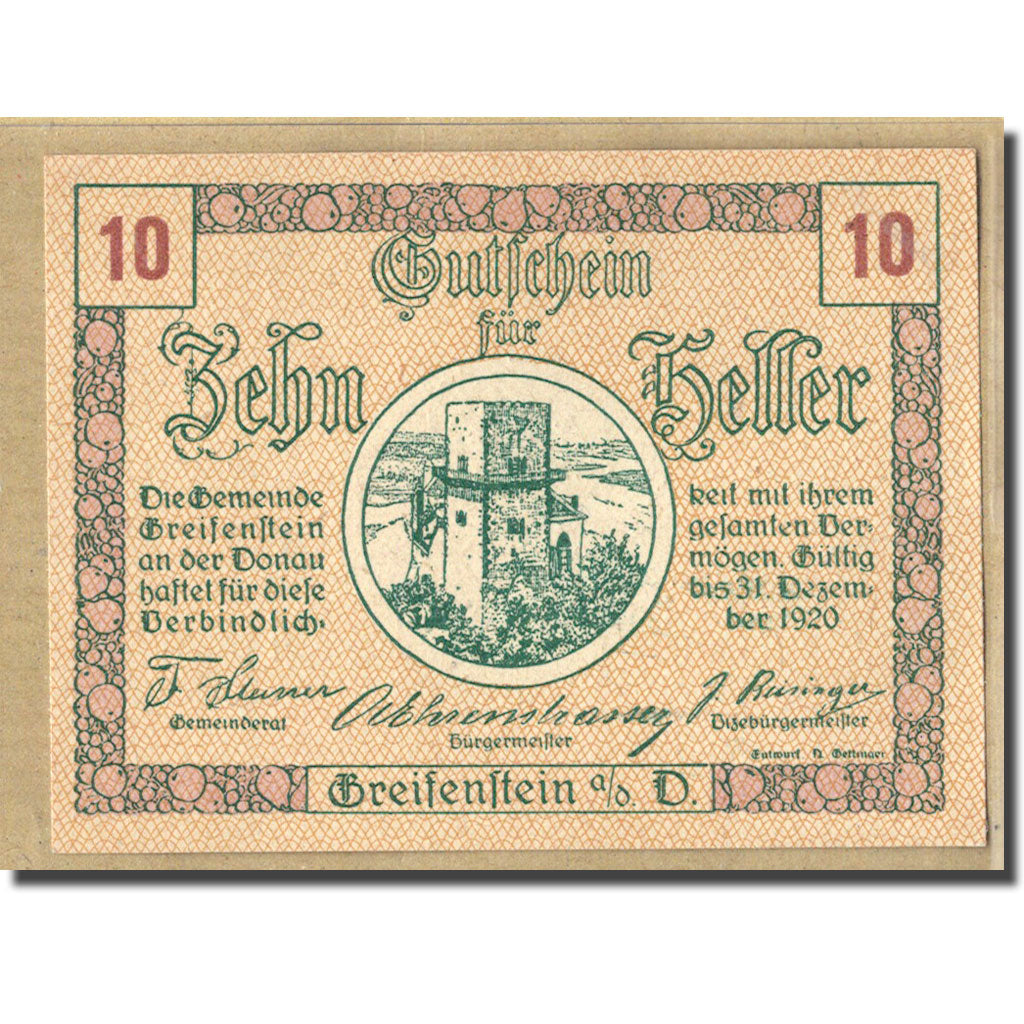 Billet, Autriche, Greifenstein N.Ö. Gemeinde, 10 Heller, Texte 4, 1920