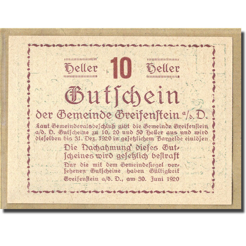 Billet, Autriche, Greifenstein N.Ö. Gemeinde, 10 Heller, Texte 4, 1920