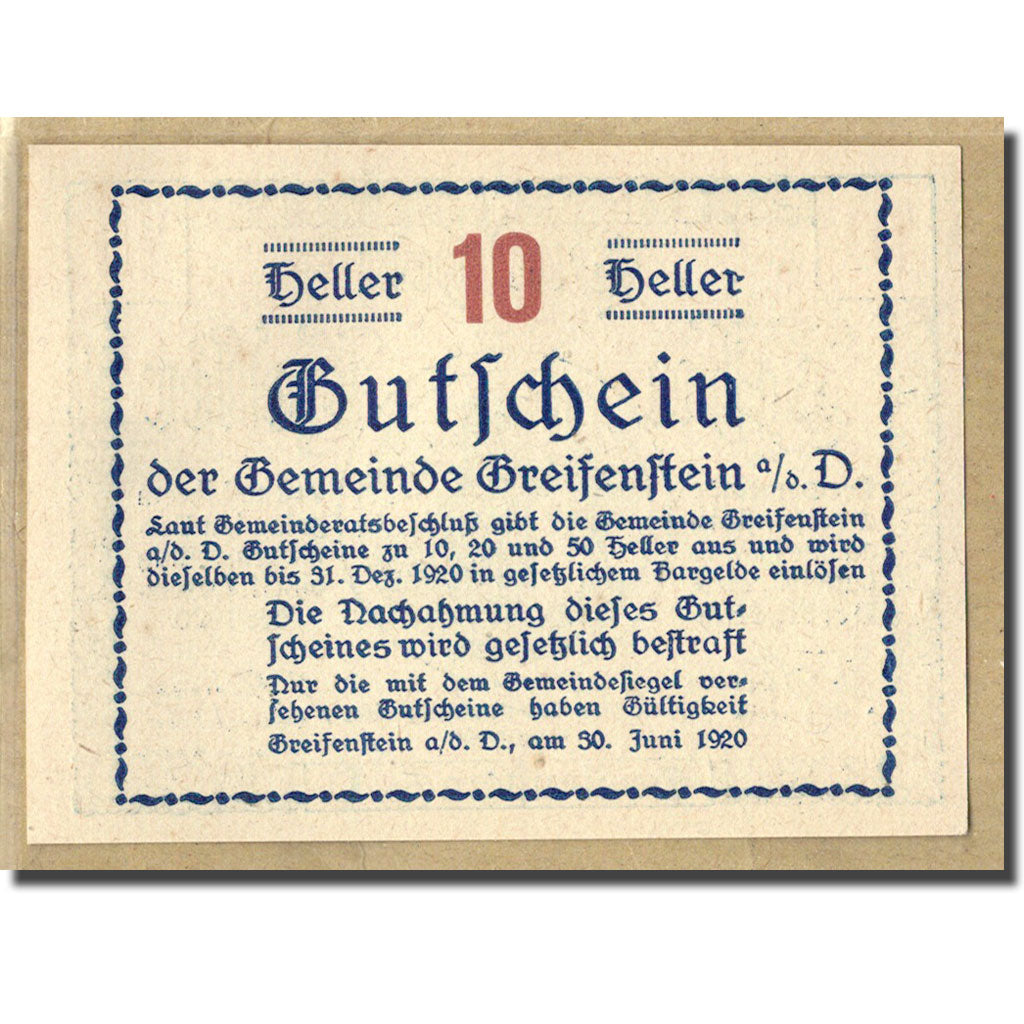 Billet, Autriche, Greifenstein N.Ö. Gemeinde, 10 Heller, Texte  5, 1920