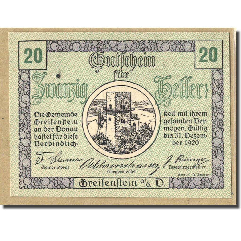 Billet, Autriche, Greifenstein N.Ö. Gemeinde, 20 Heller, Texte 6, 1920