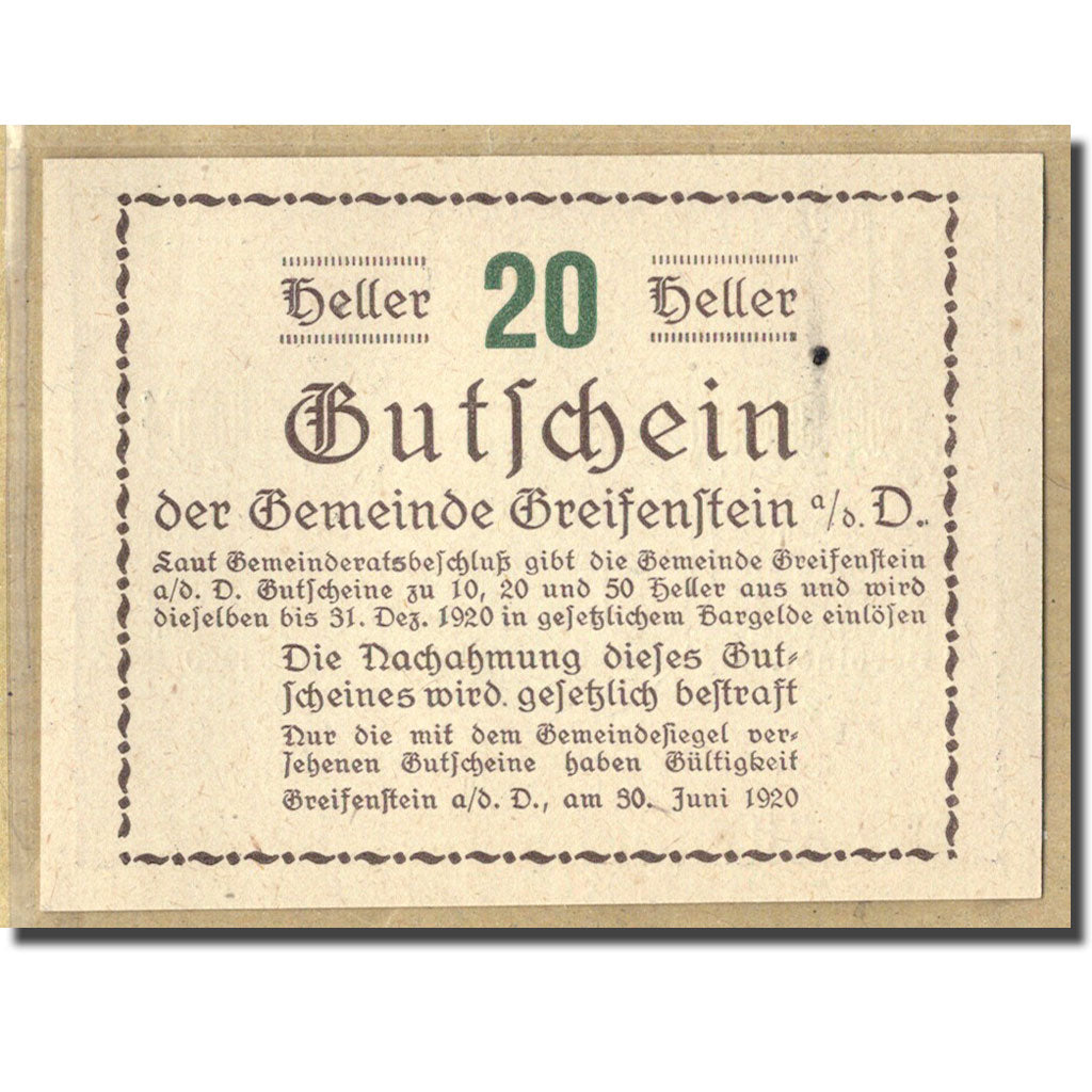 Billet, Autriche, Greifenstein N.Ö. Gemeinde, 20 Heller, Texte 6, 1920