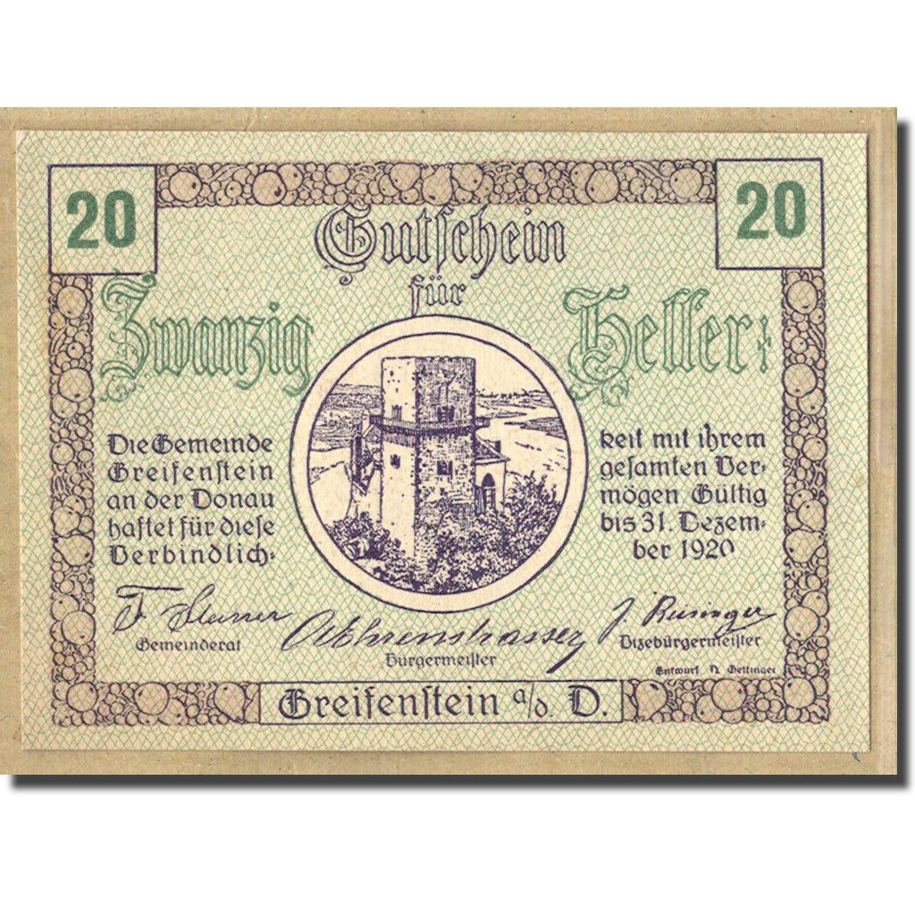 Banknot, Austria, Greifenstein N.Ö. Gemeinde, 20 Heller, Texte 7, 1920