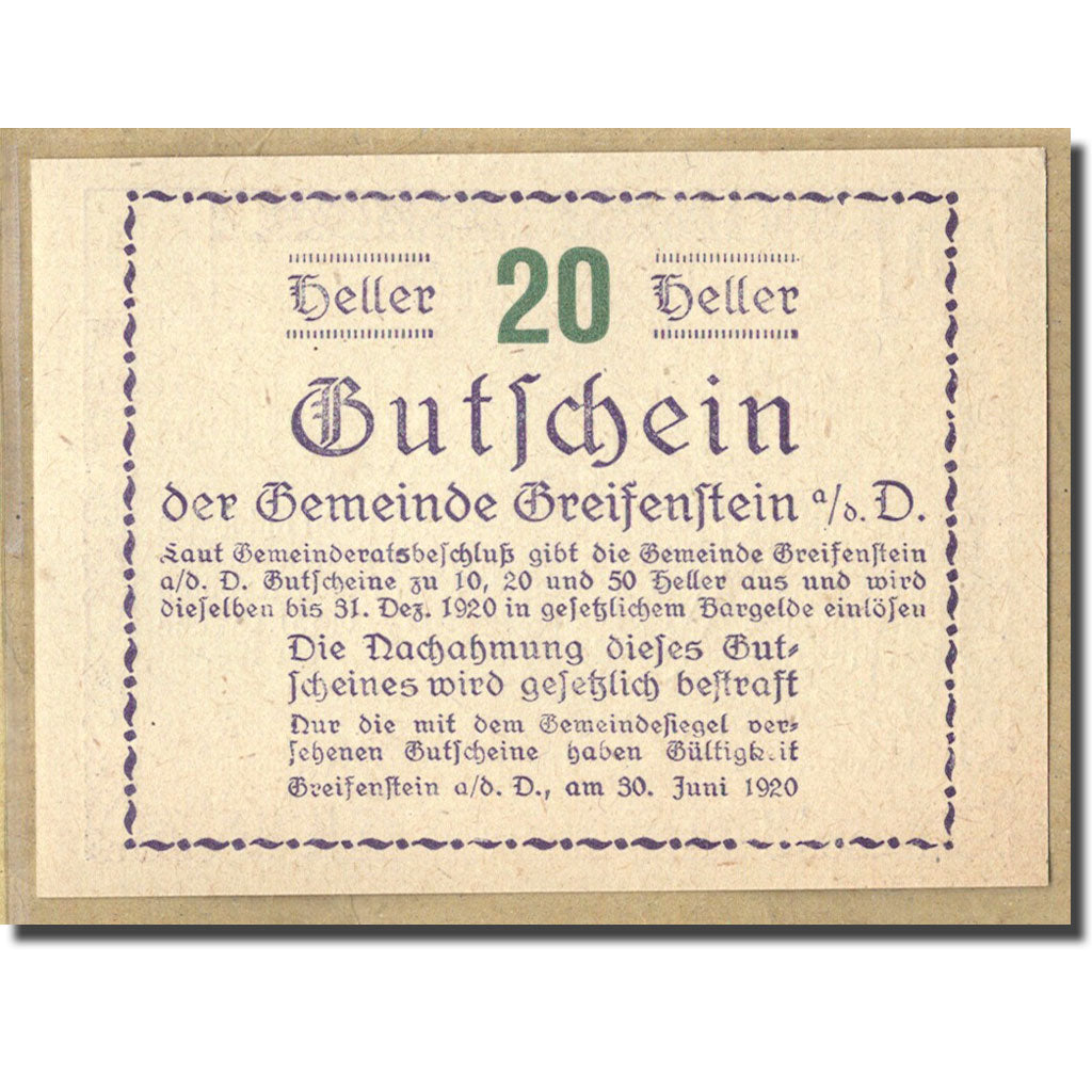 Banknot, Austria, Greifenstein N.Ö. Gemeinde, 20 Heller, Texte 7, 1920
