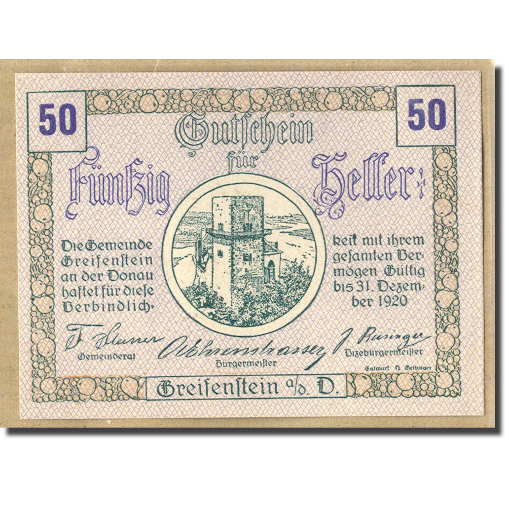 Billet, Autriche, Greifenstein N.Ö. Gemeinde, 50 Heller, Texte 8, 1920