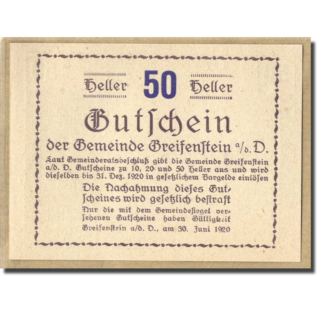 Billet, Autriche, Greifenstein N.Ö. Gemeinde, 50 Heller, Texte 8, 1920