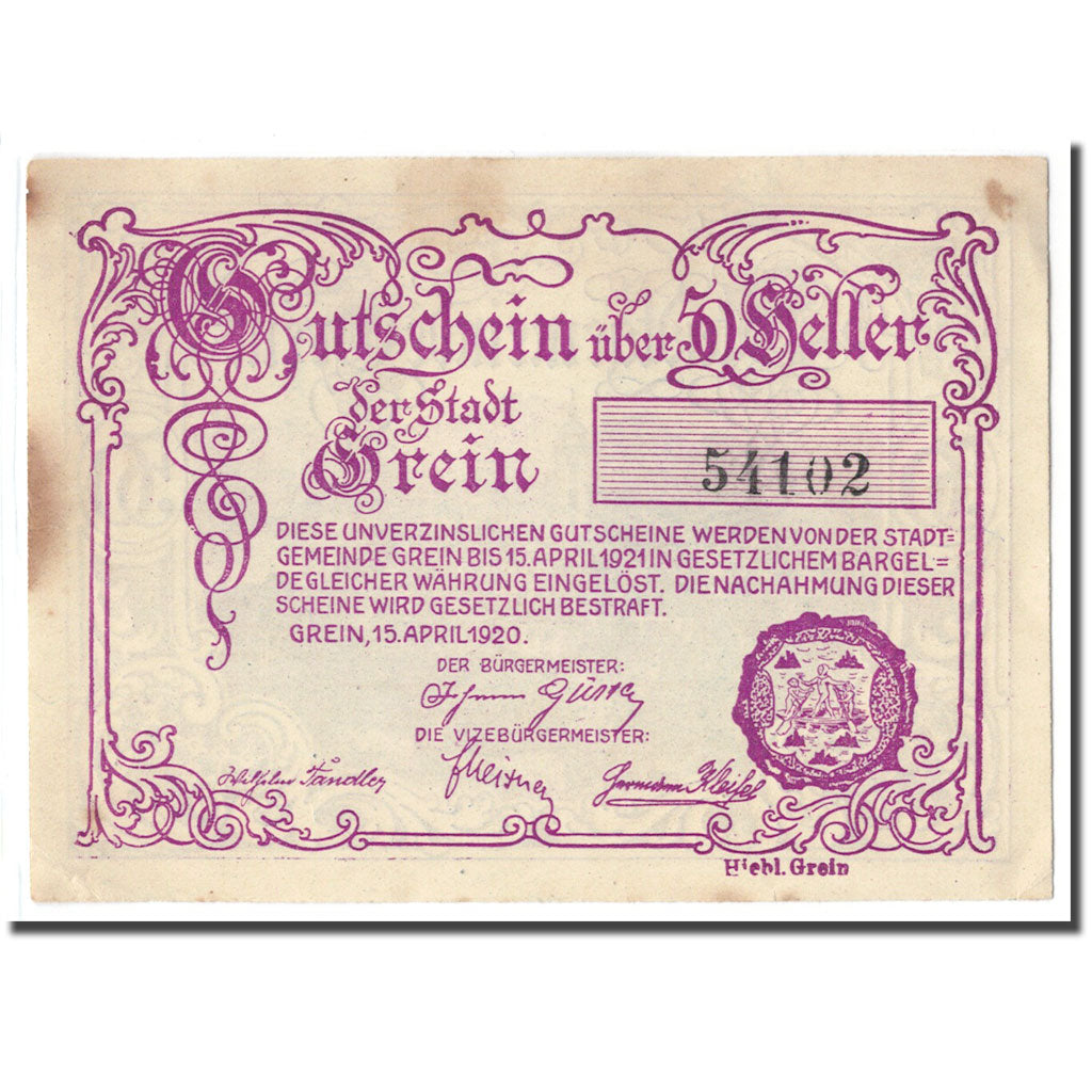 Banknot, Austria, Grein, 50 Heller, Texte, 1920, Undated, UNC(63), Mehl:276IIIa