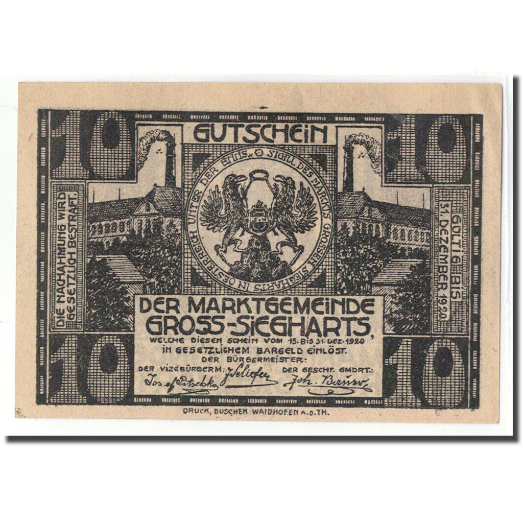 Geldschein, Österreich, Gross-Siegharts, 10 Heller, personnage, 1920, UNZ-