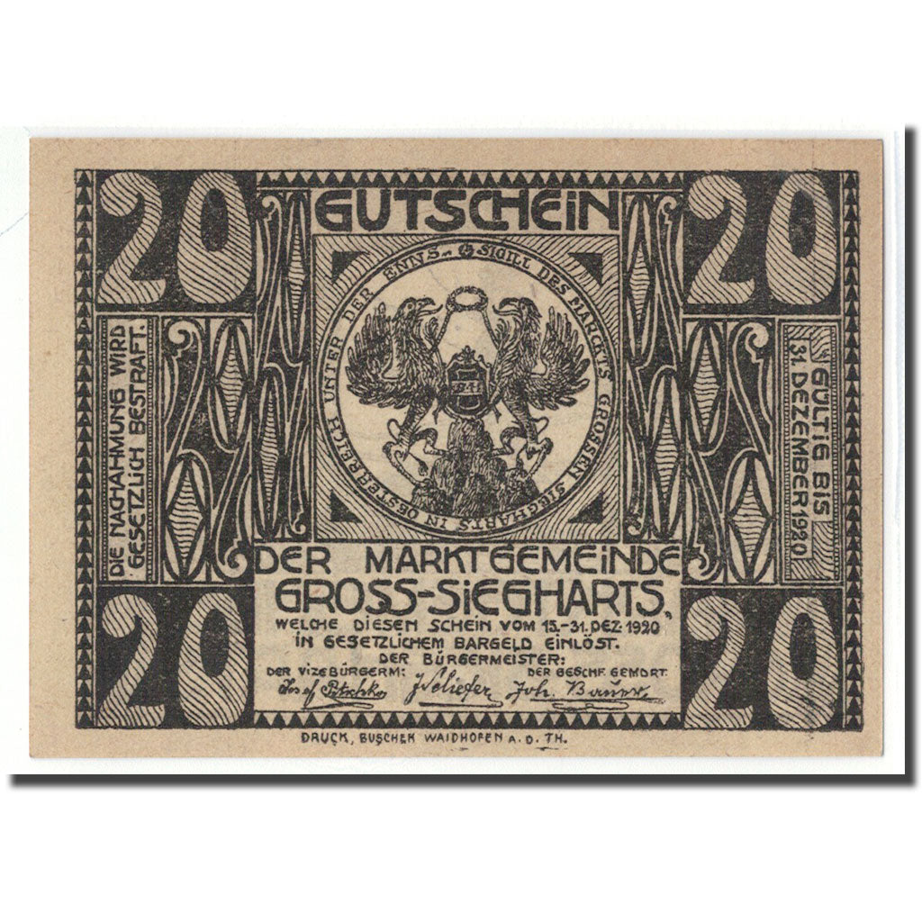 Billet, Autriche, Gross-Siegharts, 20 Heller, Clocher, 1920, SPL, Mehl:297a