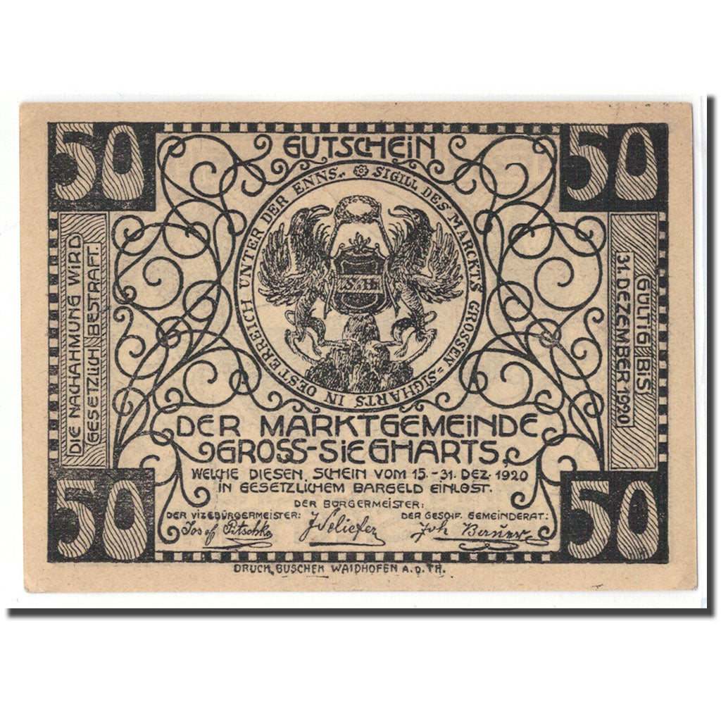 Banknot, Austria, Gross-Siegharts, 50 Heller, Batiment, 1920, Undated, UNC(63)