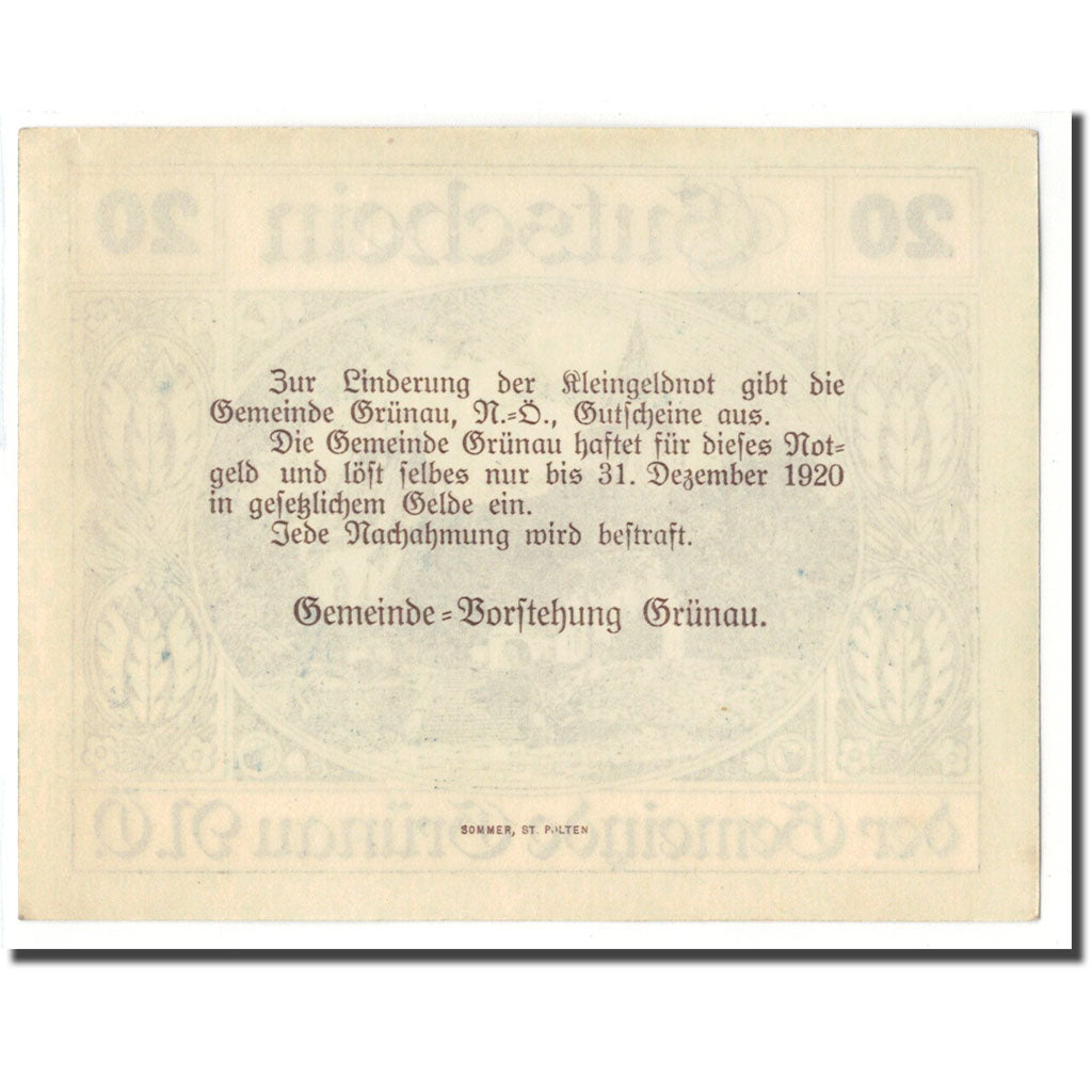 Banknot, Austria, Grünau, 20 Heller, texte 1, 1920, Undated, UNC(63), Mehl:299