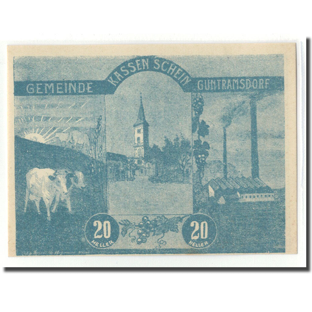 Banknot, Austria, Guntramsdorf N.Ö. Marktgemeinde, 20 Heller, Texte, 1920