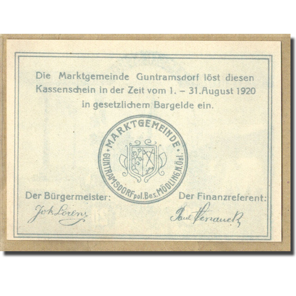 Banknot, Austria, Guntramsdorf N.Ö. Marktgemeinde, 20 Heller, Texte, 1920