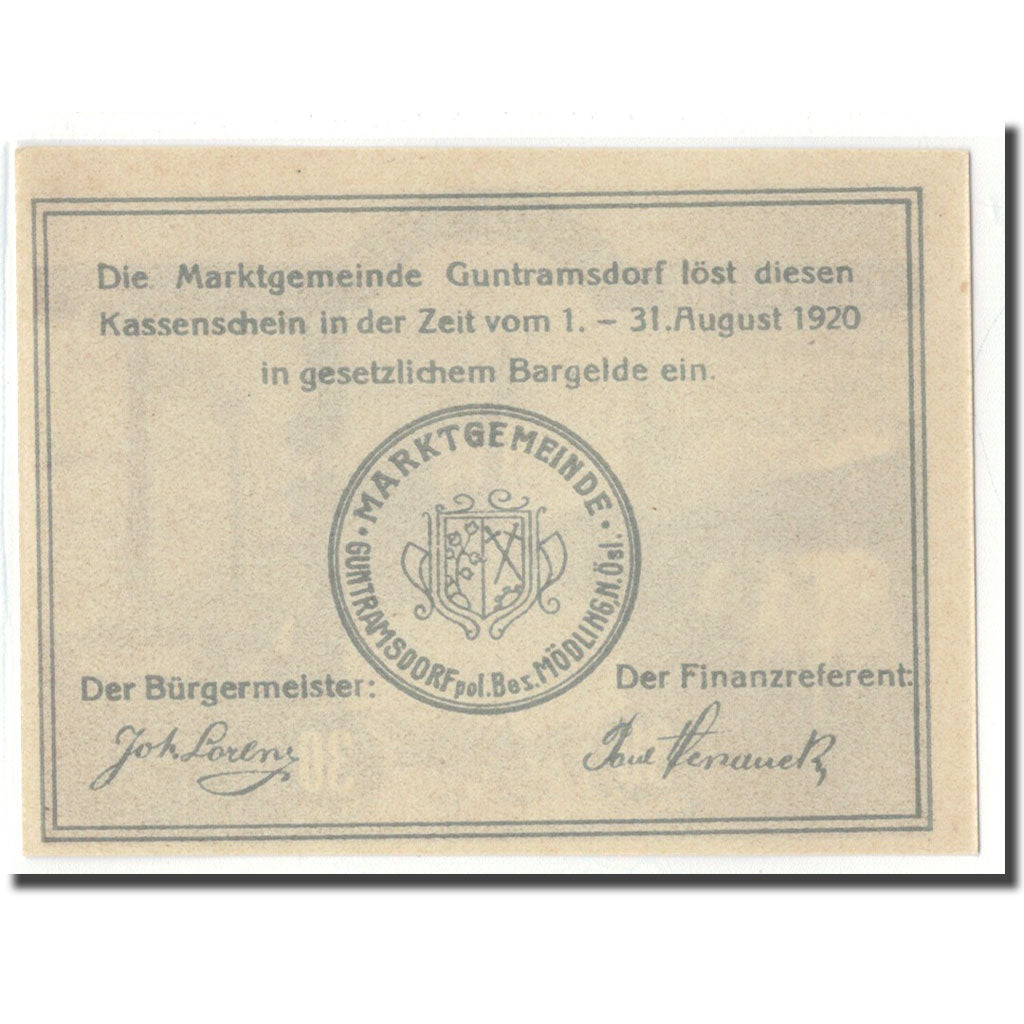 Banknot, Austria, Guntramsdorf N.Ö. Marktgemeinde, 30 Heller, texte 1, 1920