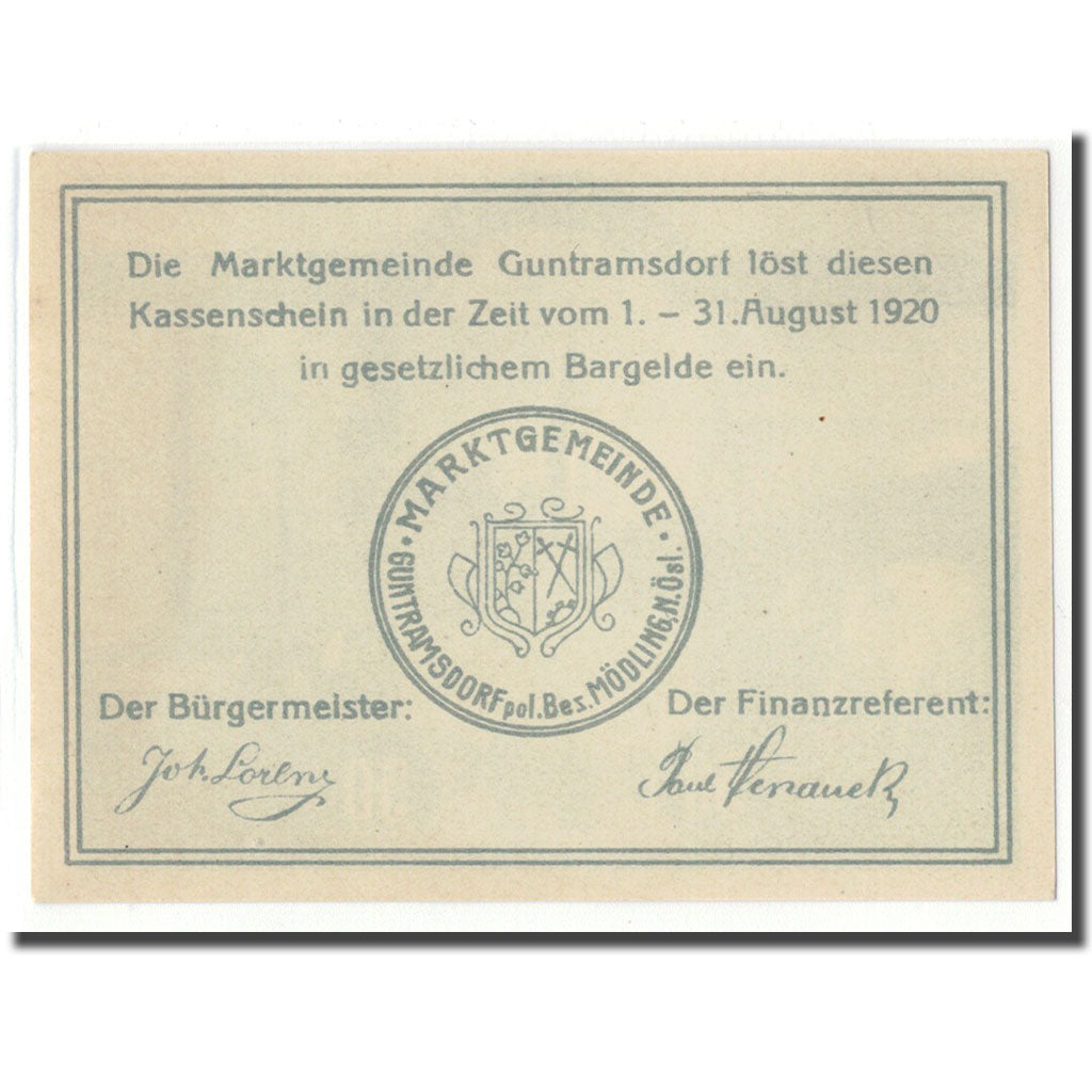 Banknot, Austria, Guntramsdorf N.Ö. Marktgemeinde, 50 Heller, Texte 2, 1920