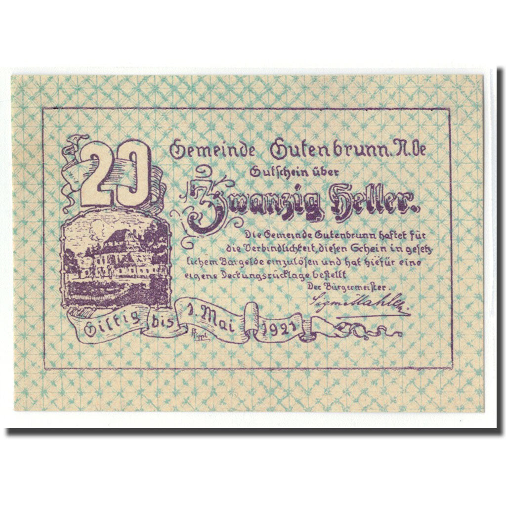Geldschein, Österreich, Gutenbrunn, 20 Heller, valeur faciale 1, 1921, UNZ-